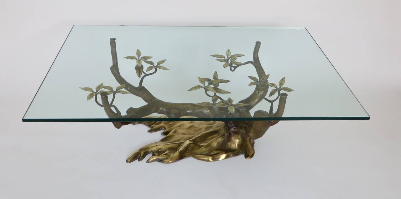 Mid-Century Modern Bronze and Brass Bonsai Coffee Table with Glass Plateau by Willy Daro