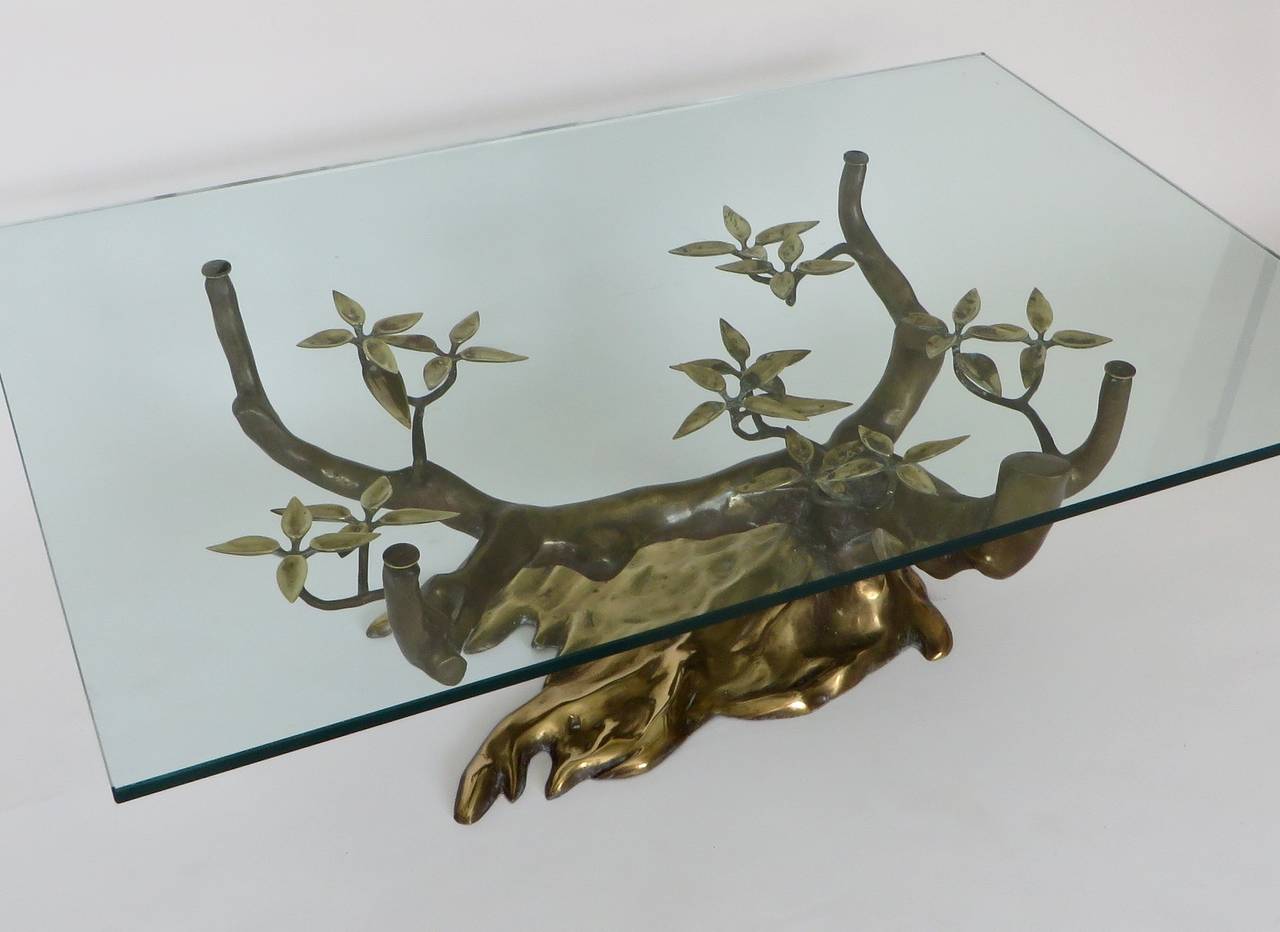 Belgian Bronze and Brass Bonsai Coffee Table with Glass Plateau by Willy Daro