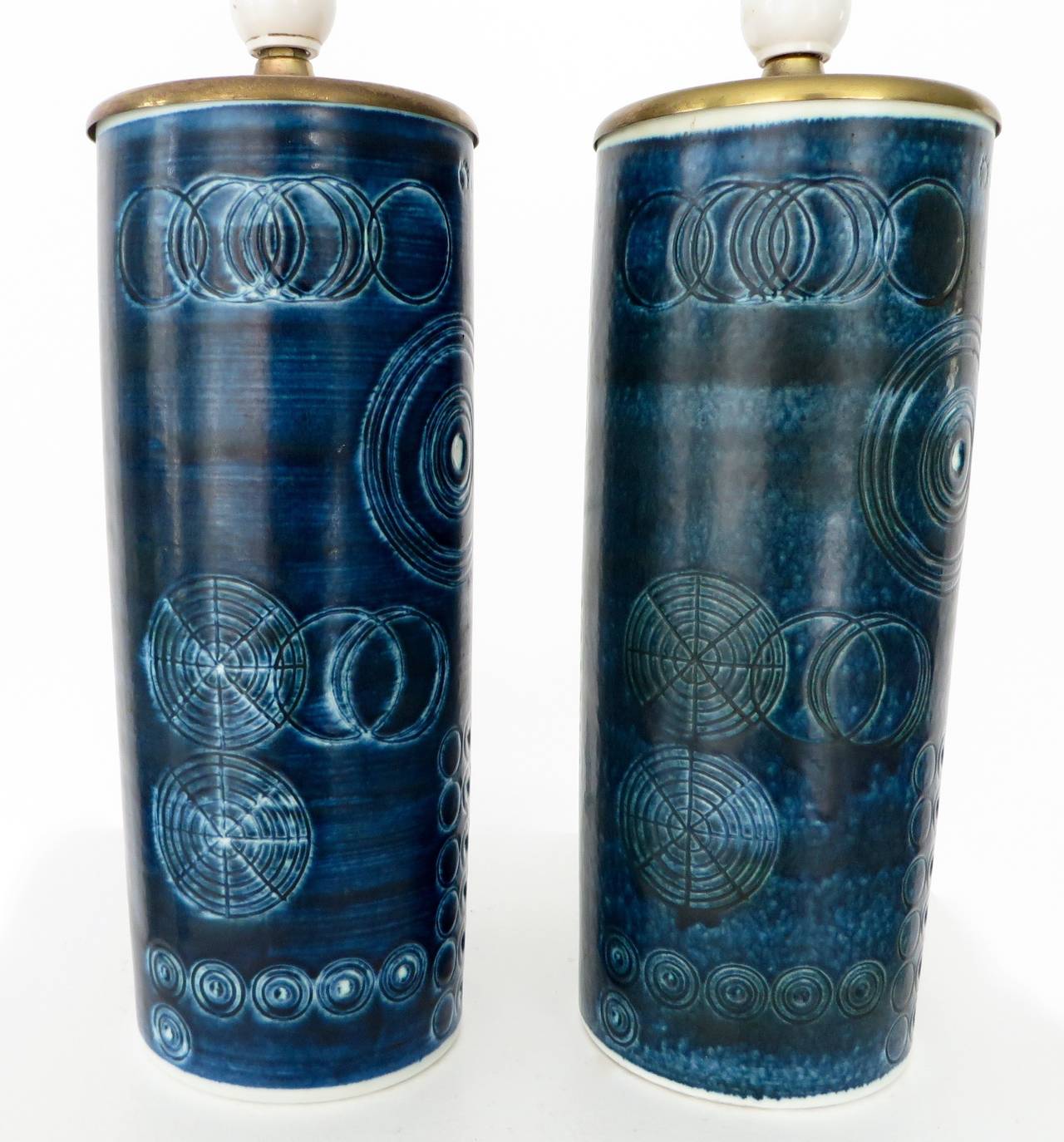 A perfect pair of Swedish Rorstrand ceramic lamps by Olle Alberius in blue design Sarek. Signed with all correct marks, circa 1960
No chips or cracks or restorations. 
Height for each lamp: 5