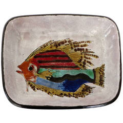 Hand-Painted Colorful French Ceramic Dish from Vallauris with Fish Motif