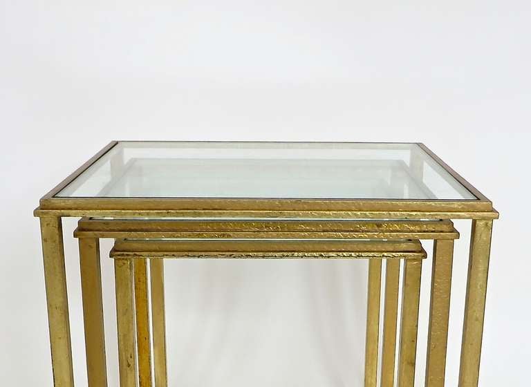 Glass French Gilded Iron Nesting Table by Roger Thibier