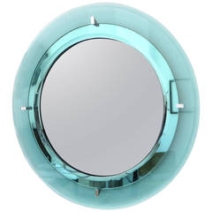 Pale Aqua Blue Italian Fontana Arte Round Beveled Mirror