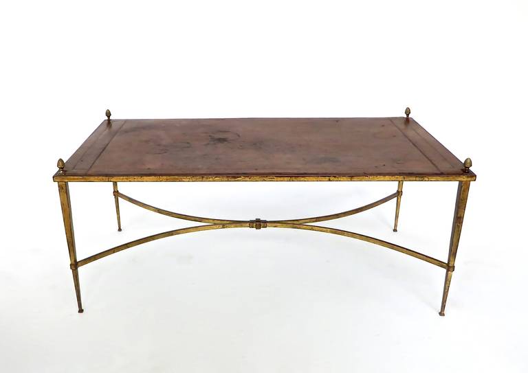 Low French, Gilded Iron Coffee Table with Leather Plateau by Maison Ramsay