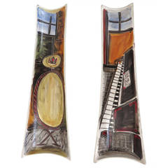 Vintage Italian Hand-Painted Ceramic Trays With Musical and Interior Motif