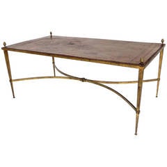 Low French, Gilded Iron Coffee Table with Leather Plateau by Maison Ramsay