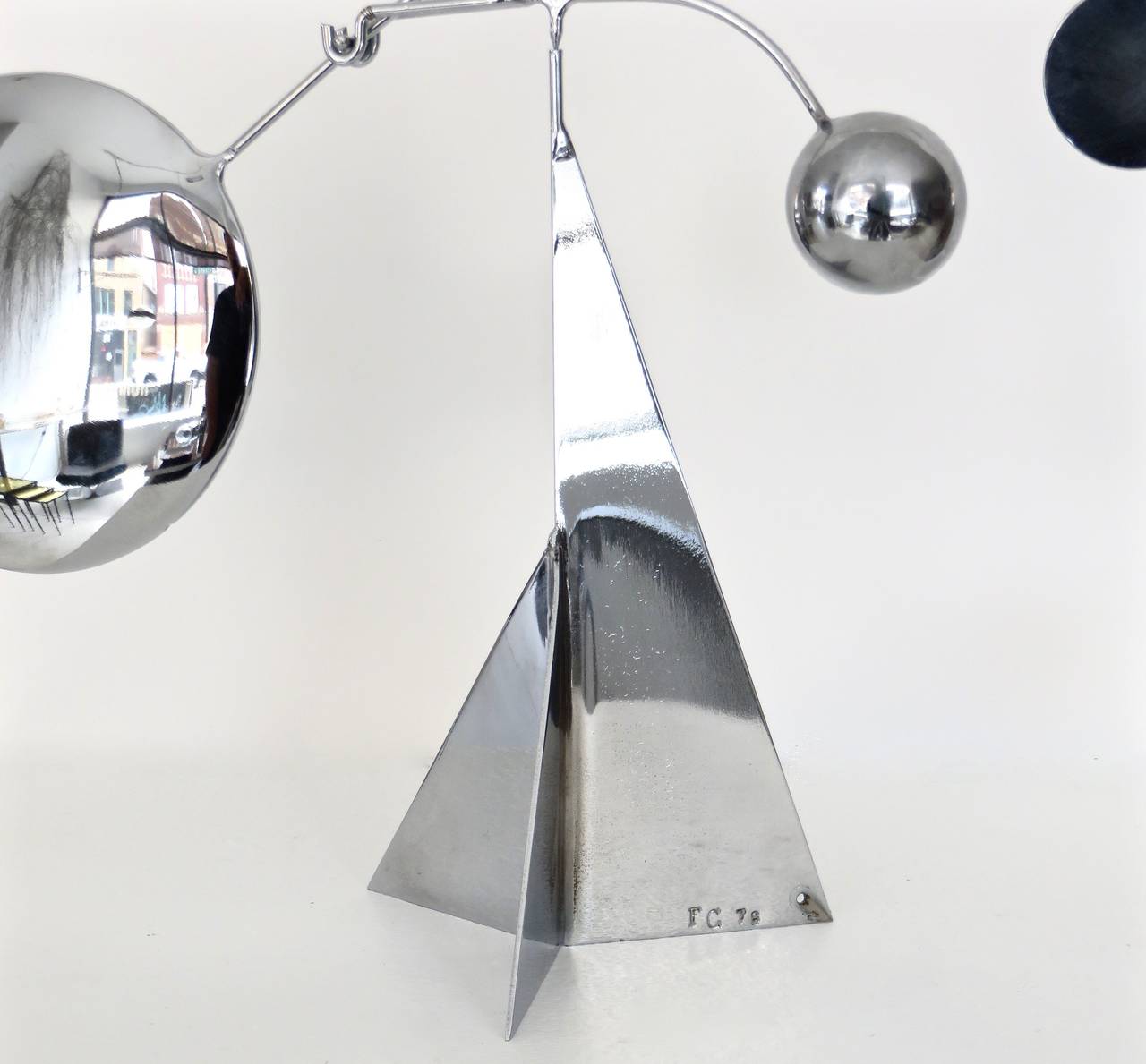 Chrome Kinetic Stabile Mobile Sculpture by Francois Collette, French, Signed and Dated