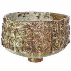 Large Heavily Incised and Stamped Stoneware Ceramic Bowl
