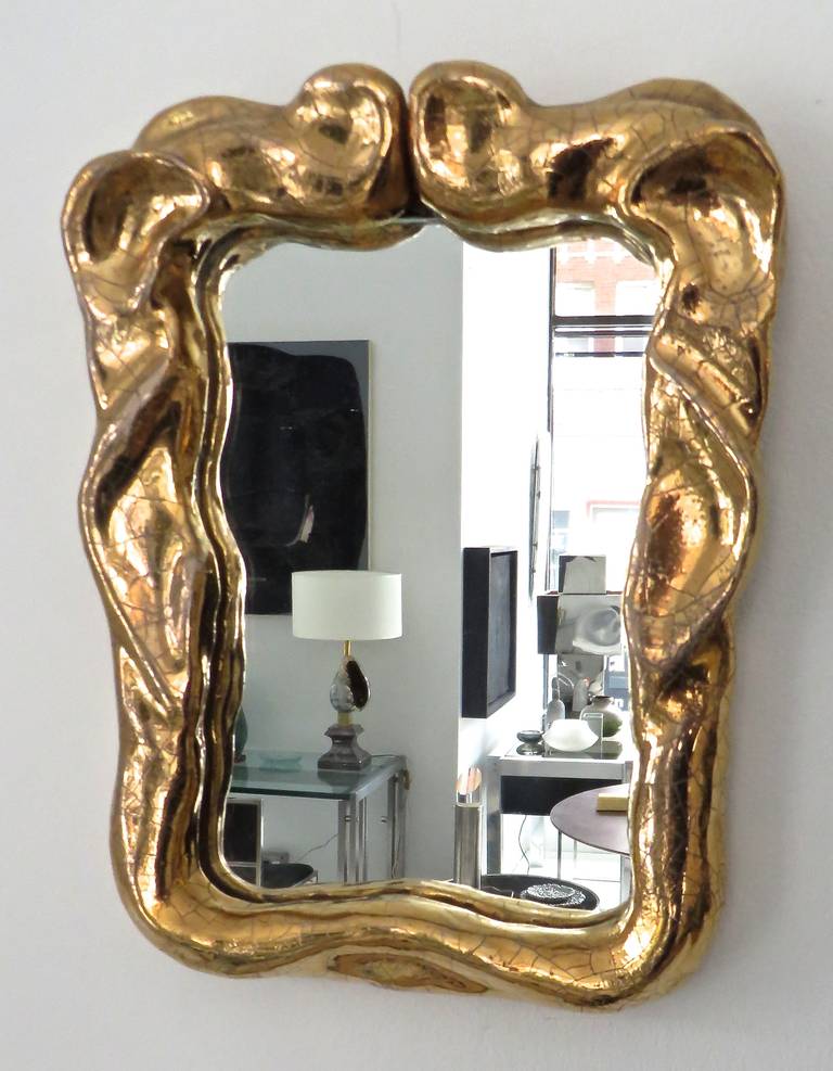 Mid-Century Modern Petite French Glazed D'ore Baroque Motif Ceramic Mirror