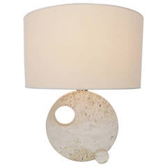 French Sculptural Travertine circa 1970 Round Table Lamp