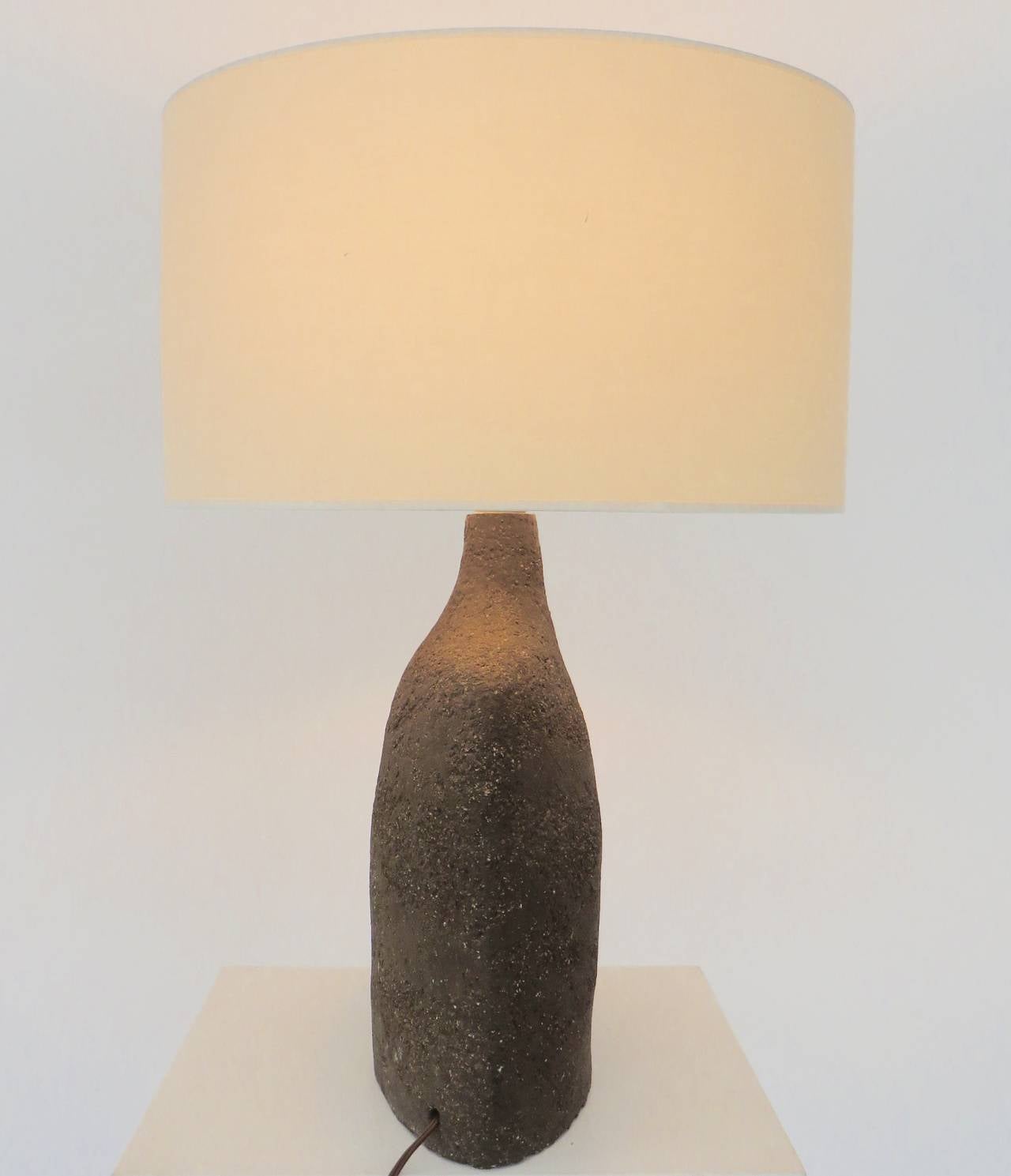 French Ceramic Table Lamp in Dark Brown Heavily Textured Clay at 1stDibs