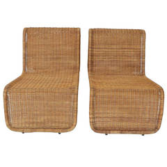 Vintage Pair of Tito Agnoli Wicker or Cane Sculptural Lounge Chairs