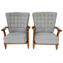 Pair of French Oak Guillerme and Chambron Lounge Chairs for Votre Maison