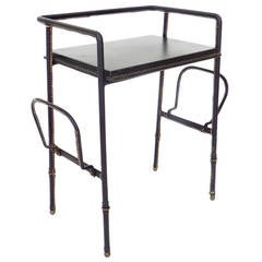 French Black Hand-Stitched Leather Side Table by Jacques Adnet