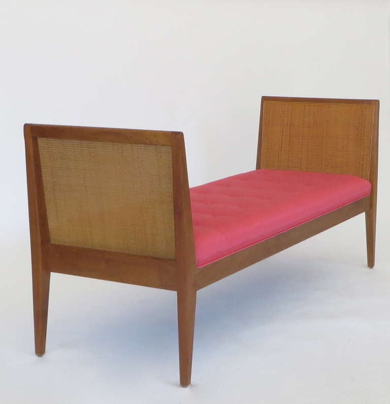 Mid-Century Modern Caned and Upholstered Mahogany Bench c 1960