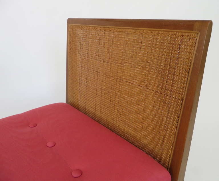 Caned and Upholstered Mahogany Bench c 1960 In Excellent Condition In Chicago, IL