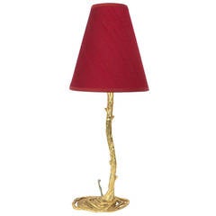 French Gilded Petite Table Lamp in a Tree Motif with Red Silk Shade