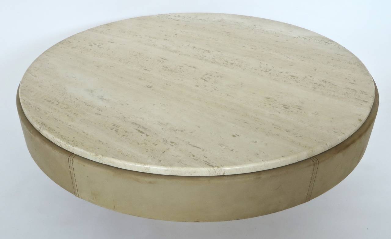 Mid-Century Modern French Cream Leather and Travertine Marble Round Coffee Table