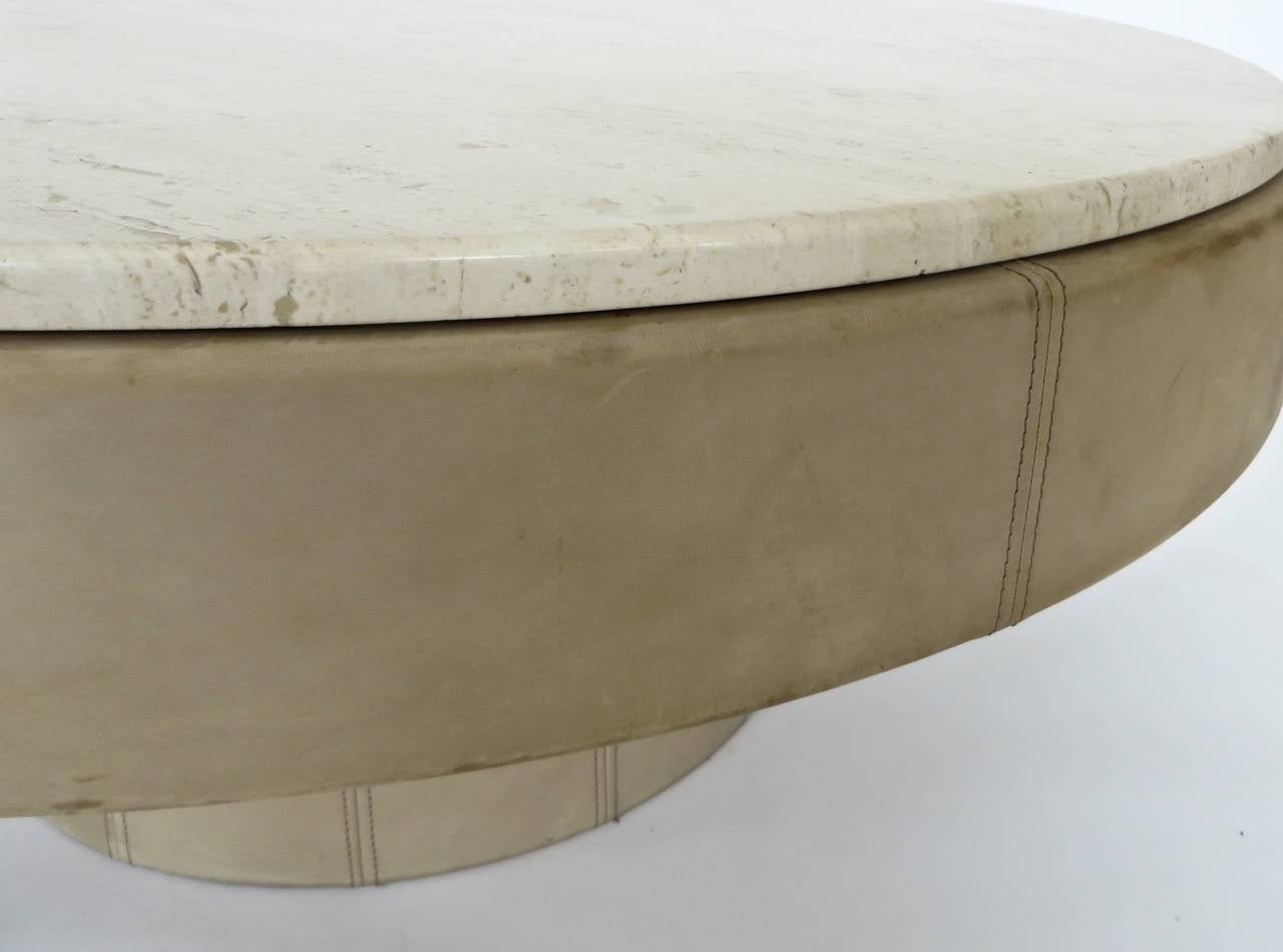 Late 20th Century French Cream Leather and Travertine Marble Round Coffee Table