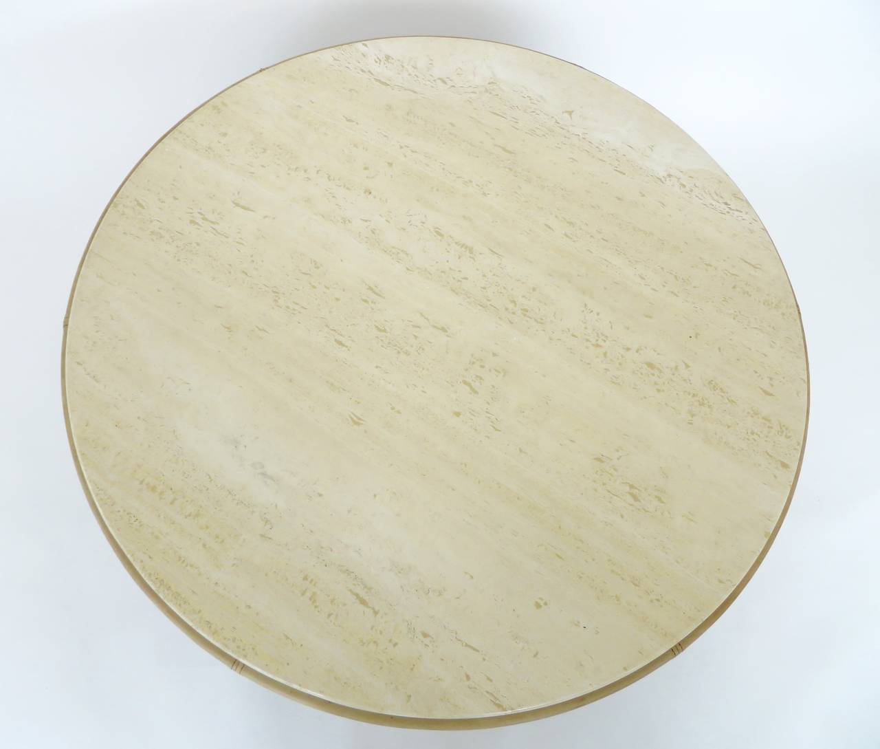 French Cream Leather and Travertine Marble Round Coffee Table In Good Condition In Chicago, IL