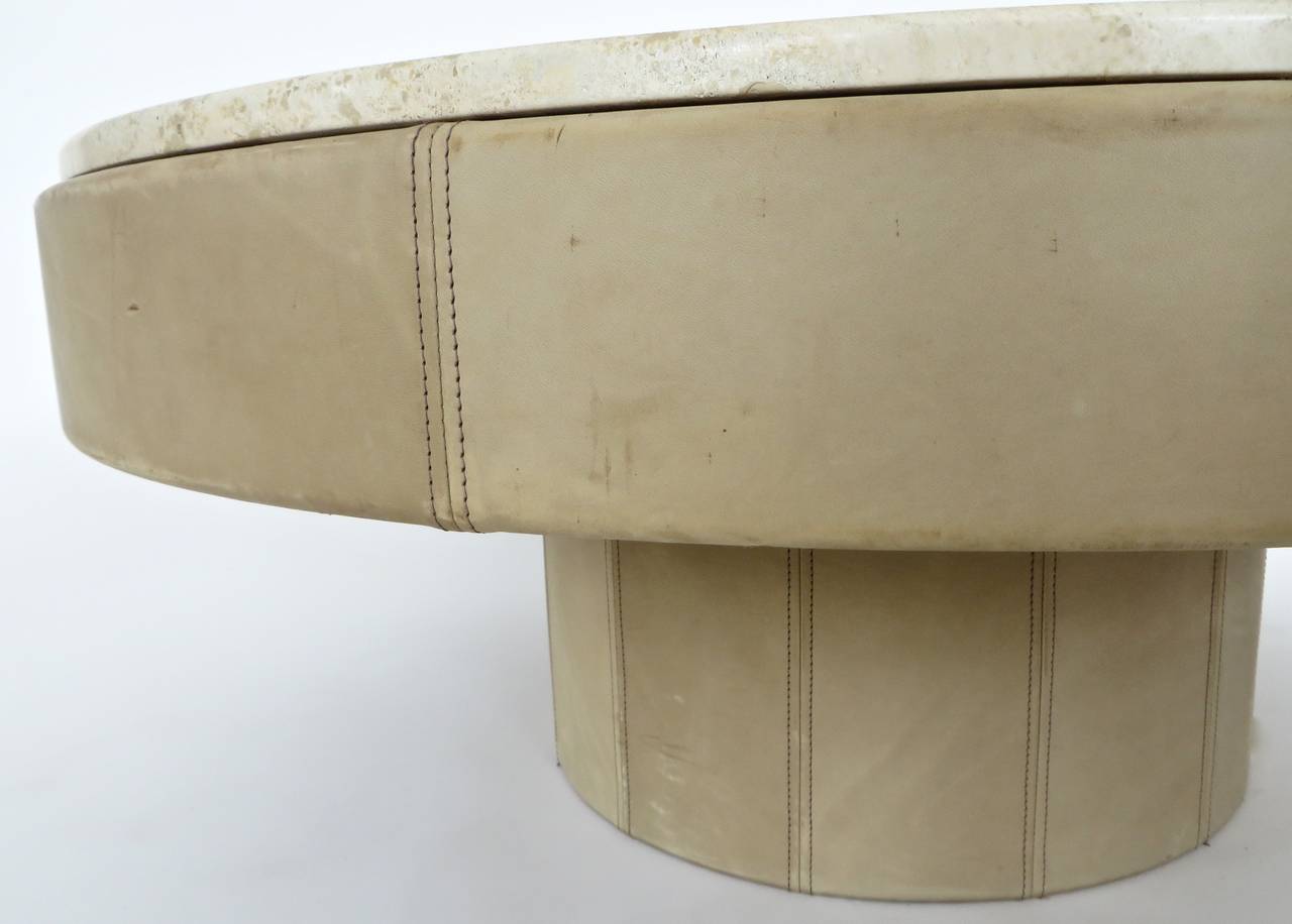 French Cream Leather and Travertine Marble Round Coffee Table 2