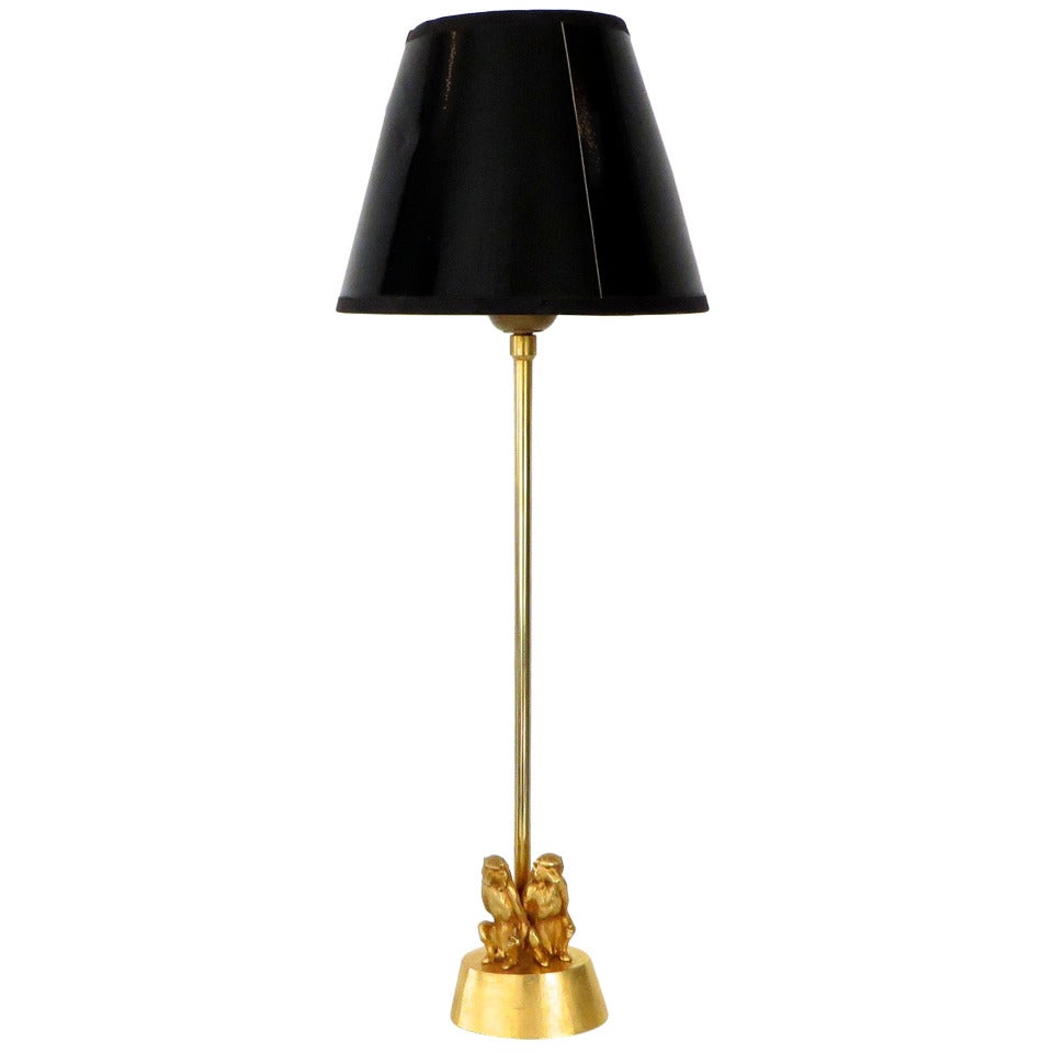 Petite French Gilded Bronze Table Lamp with Two Monkeys