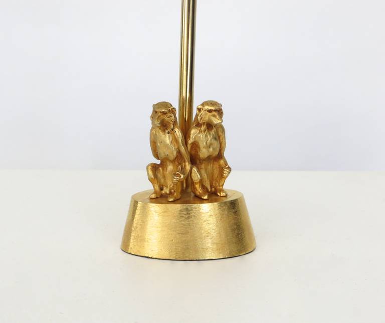 Mid-Century Modern Petite French Gilded Bronze Table Lamp with Two Monkeys
