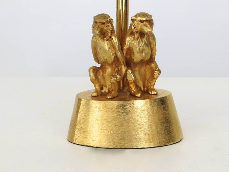 Petite French Gilded Bronze Table Lamp with Two Monkeys In Excellent Condition In Chicago, IL