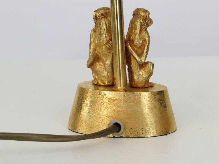 Petite French Gilded Bronze Table Lamp with Two Monkeys 1