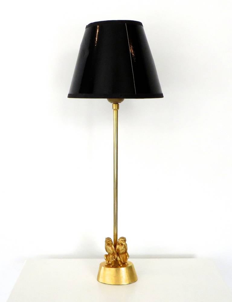 Petite French Gilded Bronze Table Lamp with Two Monkeys at 1stDibs