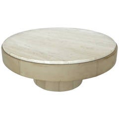 French Cream Leather and Travertine Marble Round Coffee Table