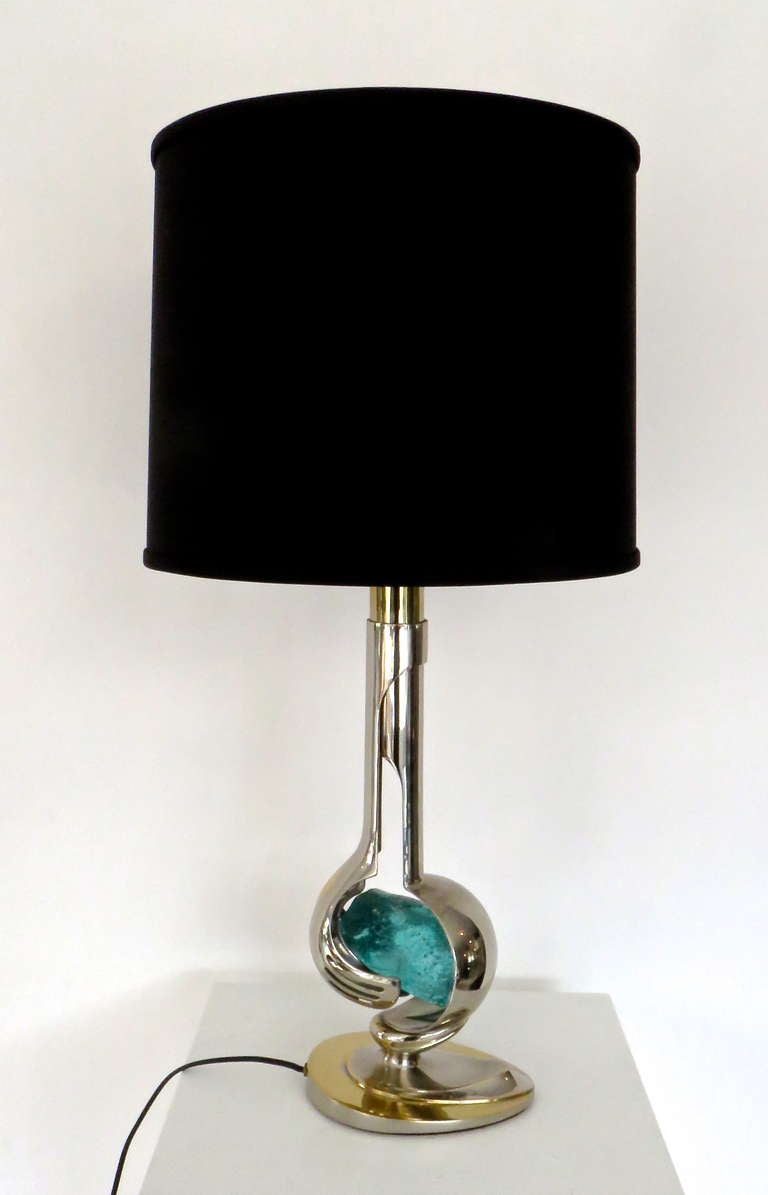 French Brass and Nickel Chrome Table Lamp With Aqua Blue Glass Rock  Willy Daro