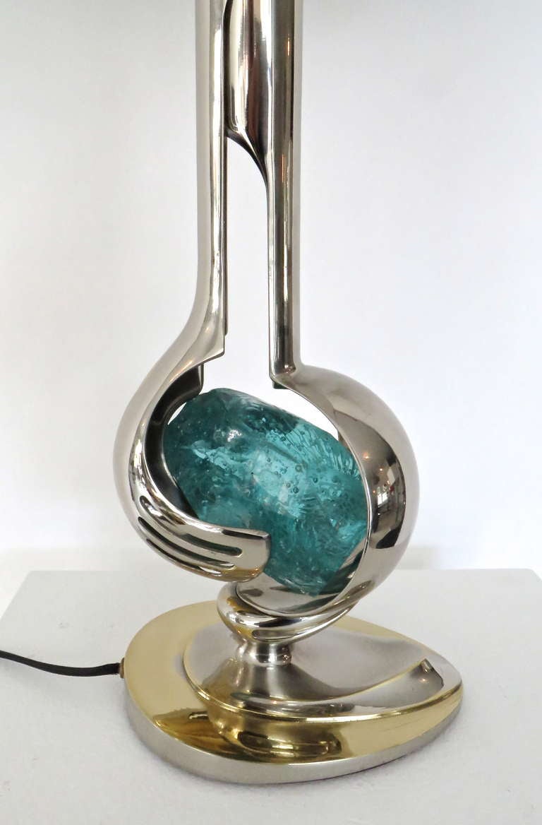 Late 20th Century French Brass and Nickel Chrome Table Lamp With Aqua Blue Glass Rock  Willy Daro
