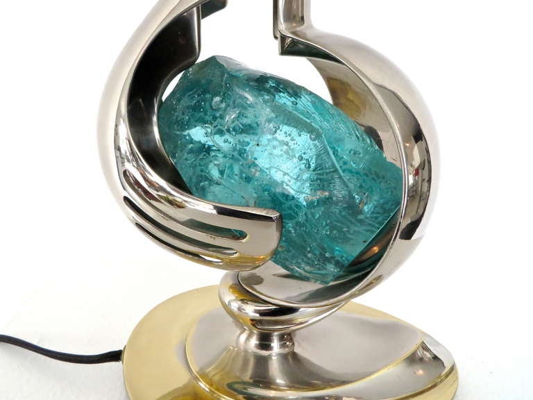 French Brass and Nickel Chrome Table Lamp With Aqua Blue Glass Rock  Willy Daro 2