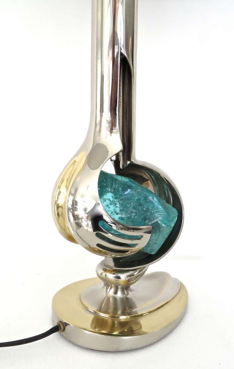 French Brass and Nickel Chrome Table Lamp With Aqua Blue Glass Rock  Willy Daro 1