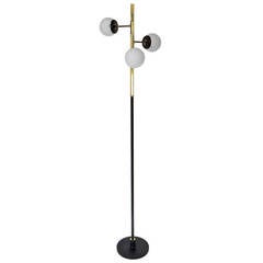Italian Three Opaque Glass Globe and Brass Floor Lamp by Stilnovo