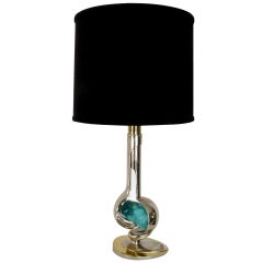 French Brass and Nickel Chrome Table Lamp With Aqua Blue Glass Rock  Willy Daro
