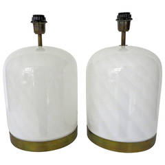 Pair of White Vistosi Murano Table Lamps with Brass Trim 6