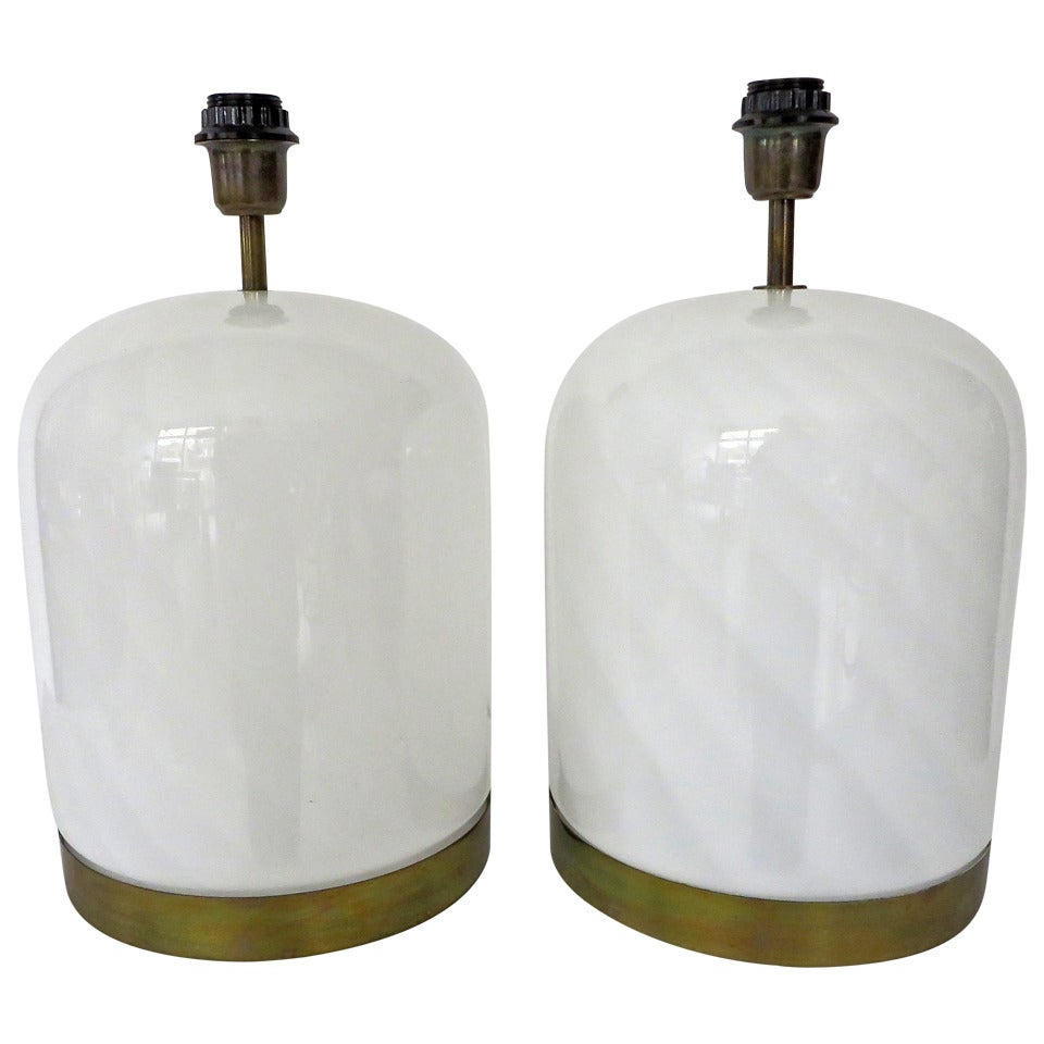Pair of White Vistosi Murano Table Lamps with Brass Trim
