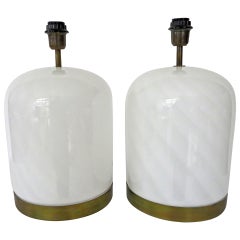 Pair of White Vistosi Murano Table Lamps with Brass Trim