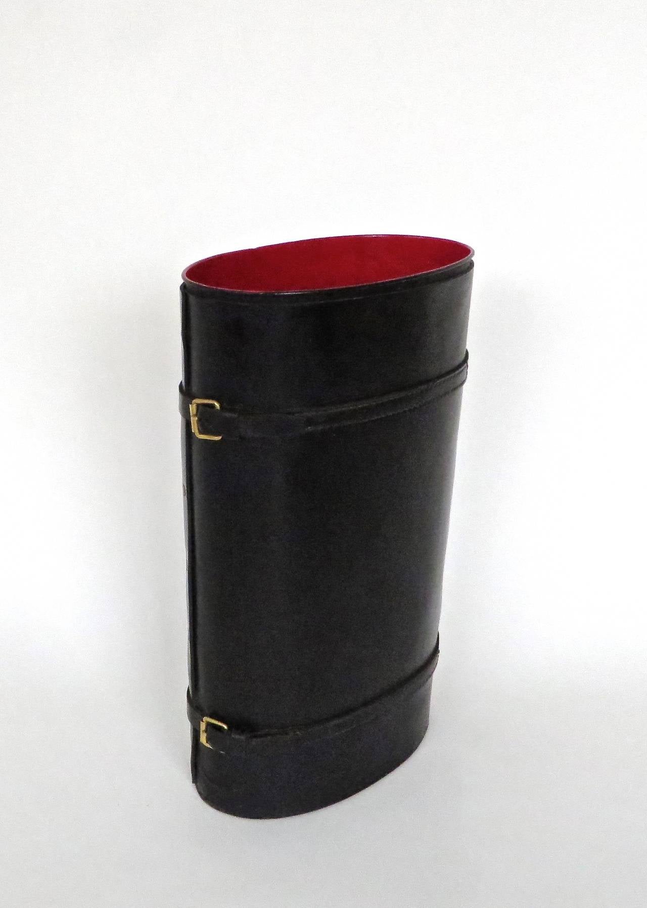 French Black Leather Oval Umbrella Stand by Jacques Adnet In Excellent Condition In Chicago, IL