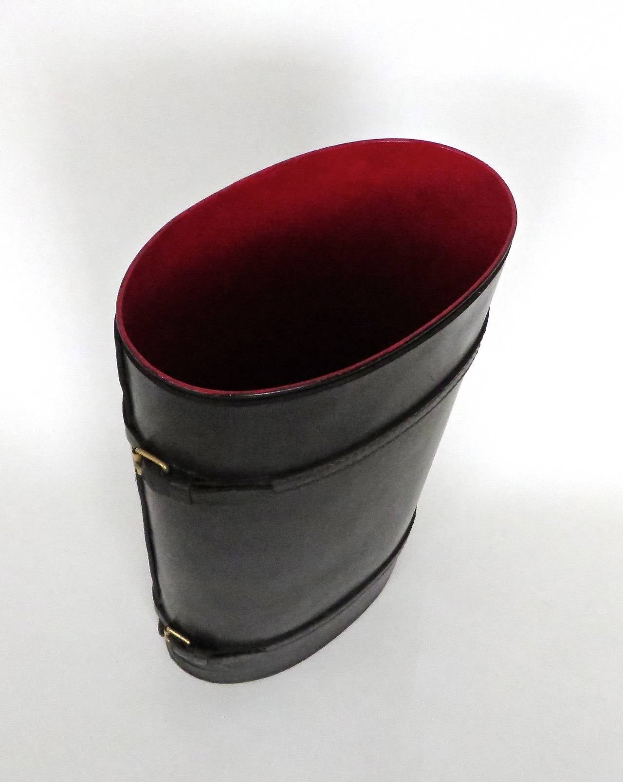 Mid-20th Century French Black Leather Oval Umbrella Stand by Jacques Adnet