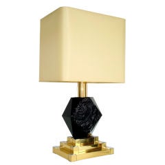 French Cast, Faceted Black Glass Fossil and Brass Table Lamp