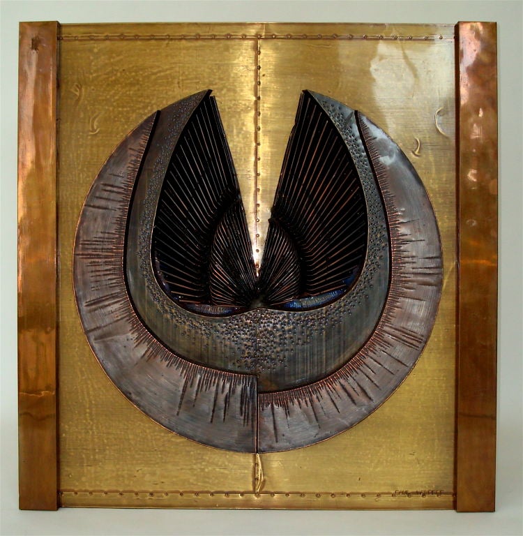 A Brutalist low relief wall hanging sculpture by Paul Vanders.  A combination of welded and textured copper and brass make up this brutalist style wall sculpture.