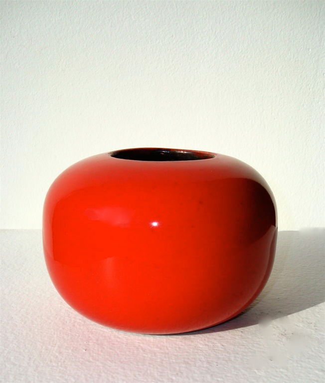 Oursin Vase by Georges Jouve in a dramatic red outer glaze with black inside.  Signed with the artist name and cypher.