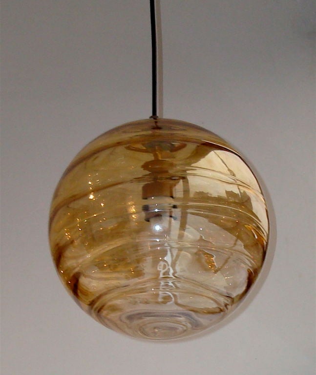 Pair of Italian Hand Blown Amber Glass Pendant Lights