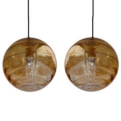 Vintage Pair of Italian Hand Blown Amber Glass Pendant Lights