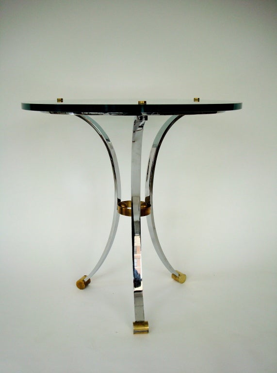 French Pair of Side Tables With Glass Tops and Nickel Chrome Base by Maison Jansen