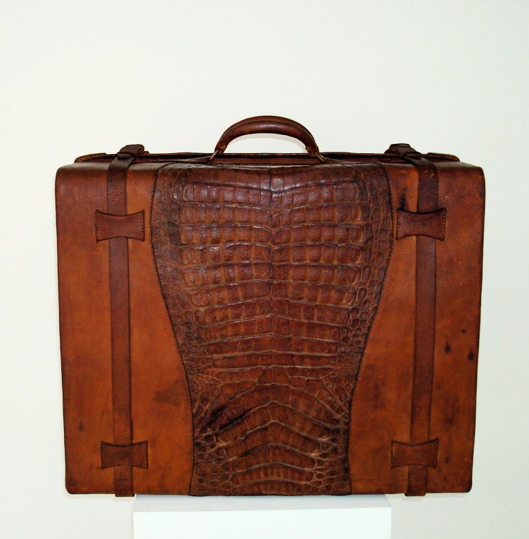 Incredible Alligator and Leather Suitcase, labeled J. D. Pineda Talabarteria, Leon, Nicaragua, C.A. Interior is linen lined with snakeskin trim.