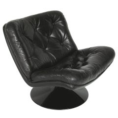 Tufted Black Leather, Fiberglass Swivel Lounge Chair by Harcourt