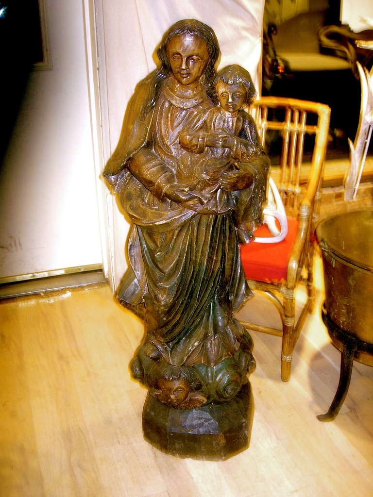 19th century Italian carved wood figural group of mother and child lovely old patina.